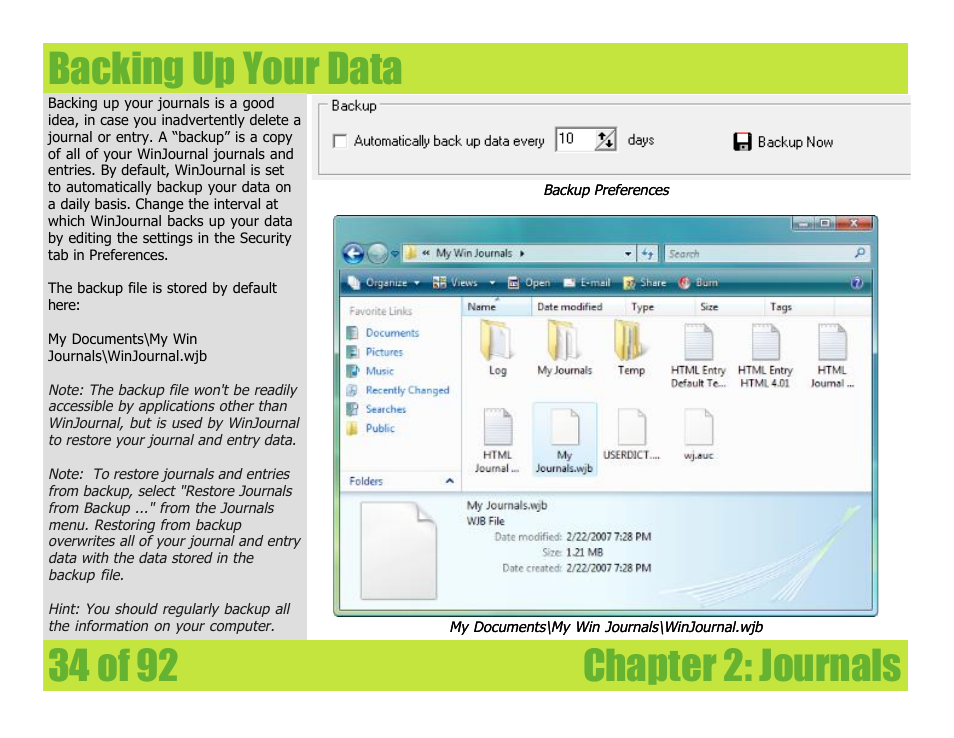 Backing up your data, Chapter 2: journals backing up your data | Mariner Software WinJournal for Windows User Manual | Page 34 / 92