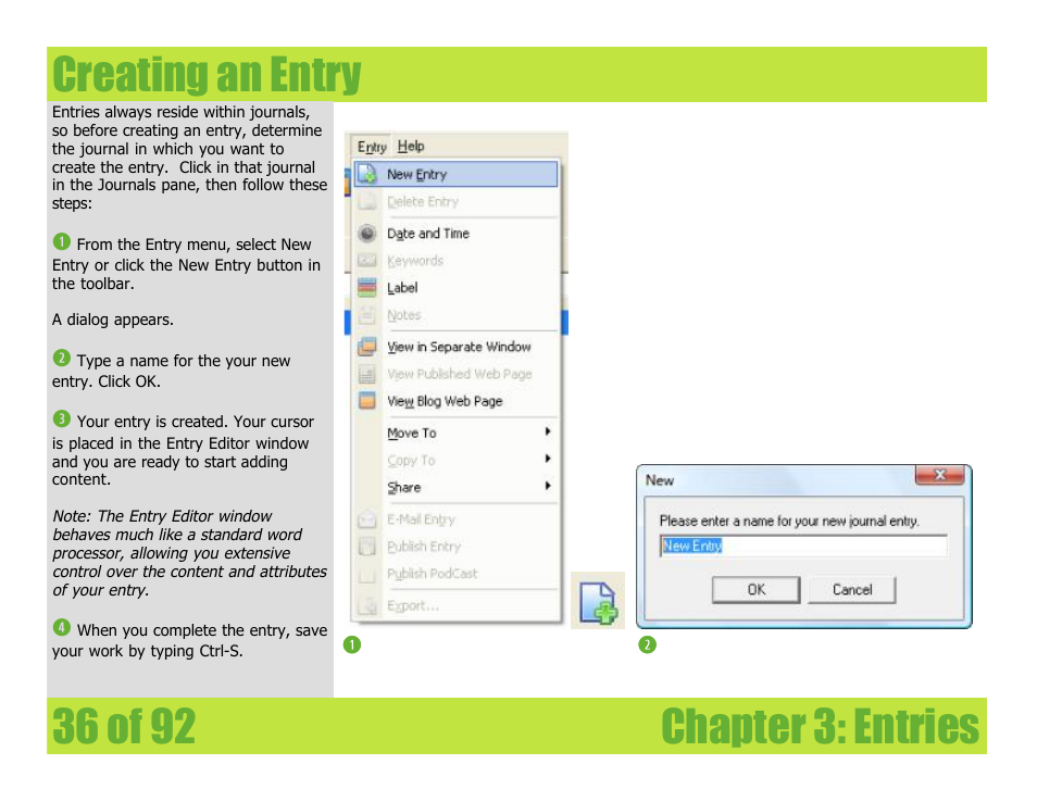 Creating an entry, Chapter 3: entries creating an entry | Mariner Software WinJournal for Windows User Manual | Page 36 / 92