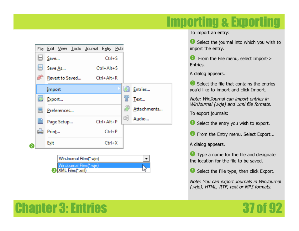 Importing & exporting, Chapter 3: entries importing & exporting | Mariner Software WinJournal for Windows User Manual | Page 37 / 92