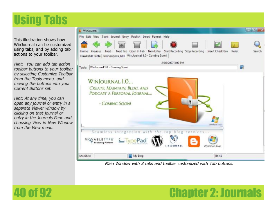 Using tabs, Chapter 2: journals using tabs | Mariner Software WinJournal for Windows User Manual | Page 40 / 92