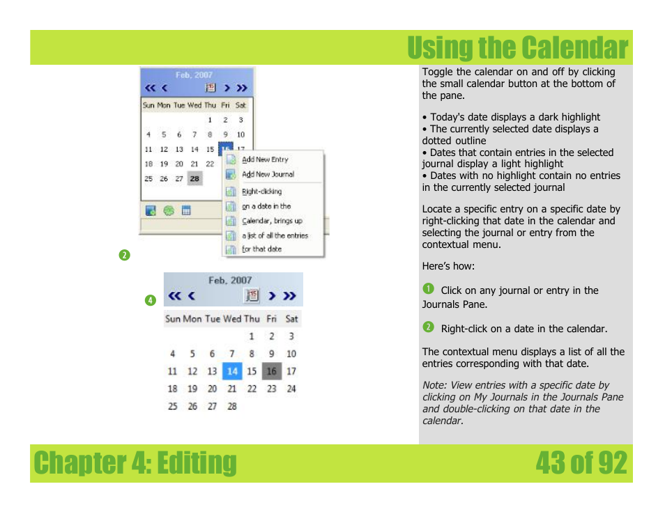 Using the calendar, Chapter 4: editing | Mariner Software WinJournal for Windows User Manual | Page 43 / 92