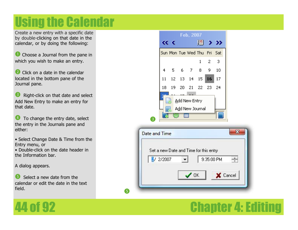 Using the calendar, Chapter 4: editing using the calendar | Mariner Software WinJournal for Windows User Manual | Page 44 / 92