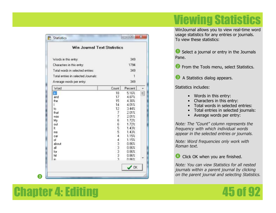 Viewing statistics, Chapter 4: editing viewing statistics | Mariner Software WinJournal for Windows User Manual | Page 45 / 92