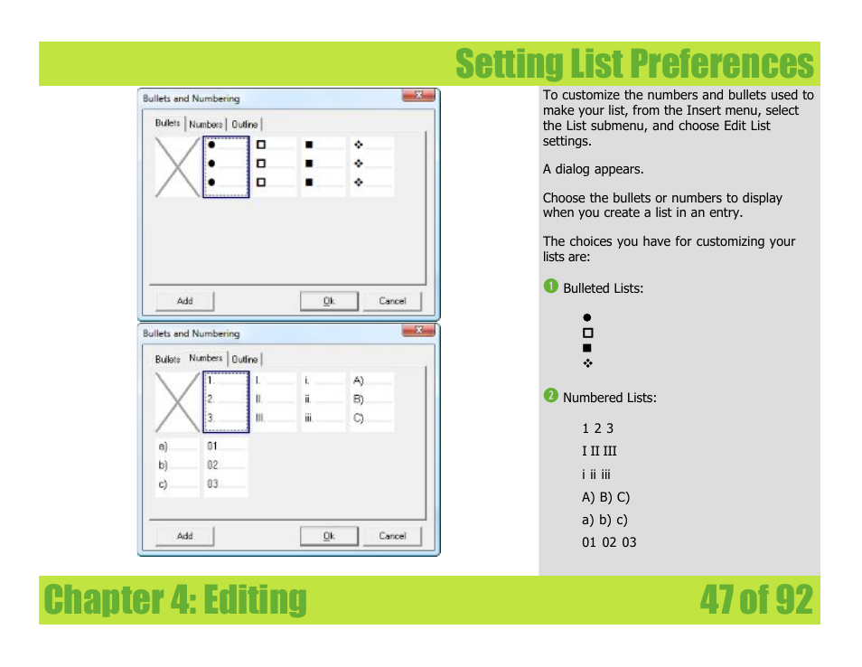 Setting list preferences, Chapter 4: editing setting list preferences | Mariner Software WinJournal for Windows User Manual | Page 47 / 92