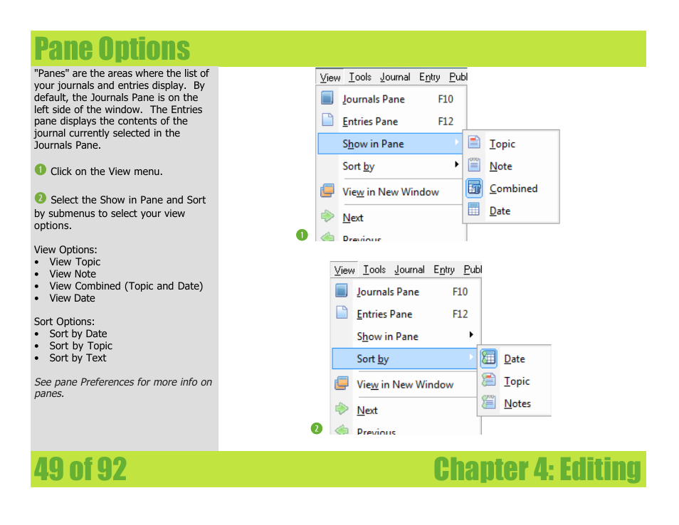 Pane options, Chapter 4: editing pane options | Mariner Software WinJournal for Windows User Manual | Page 49 / 92