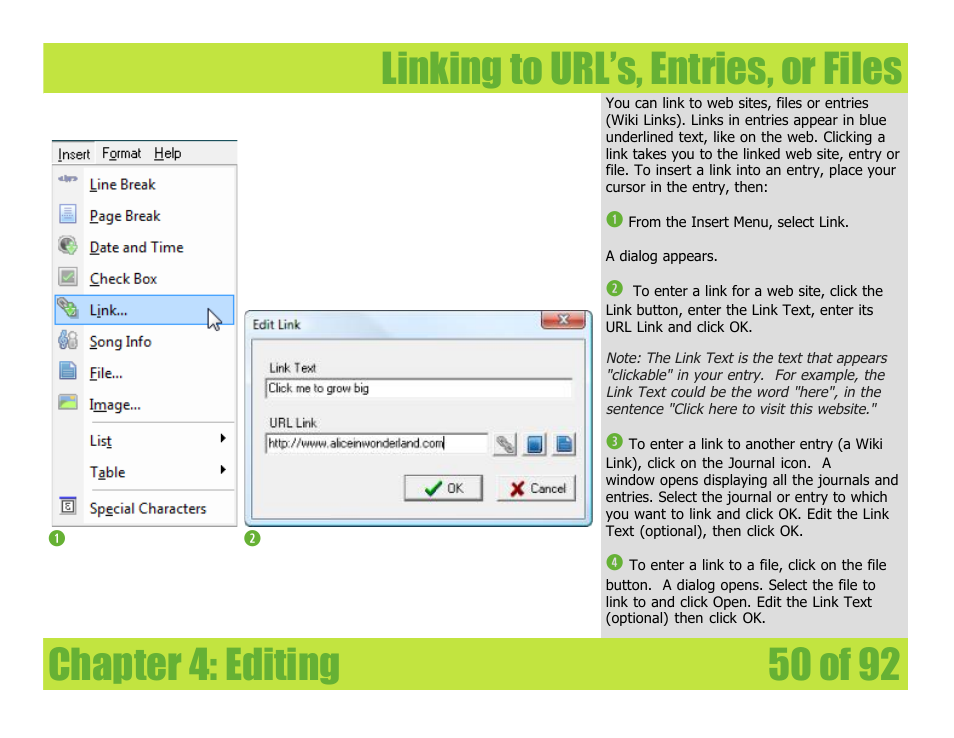 Linking to url’s, entries, or files, Chapter 4: editing | Mariner Software WinJournal for Windows User Manual | Page 50 / 92