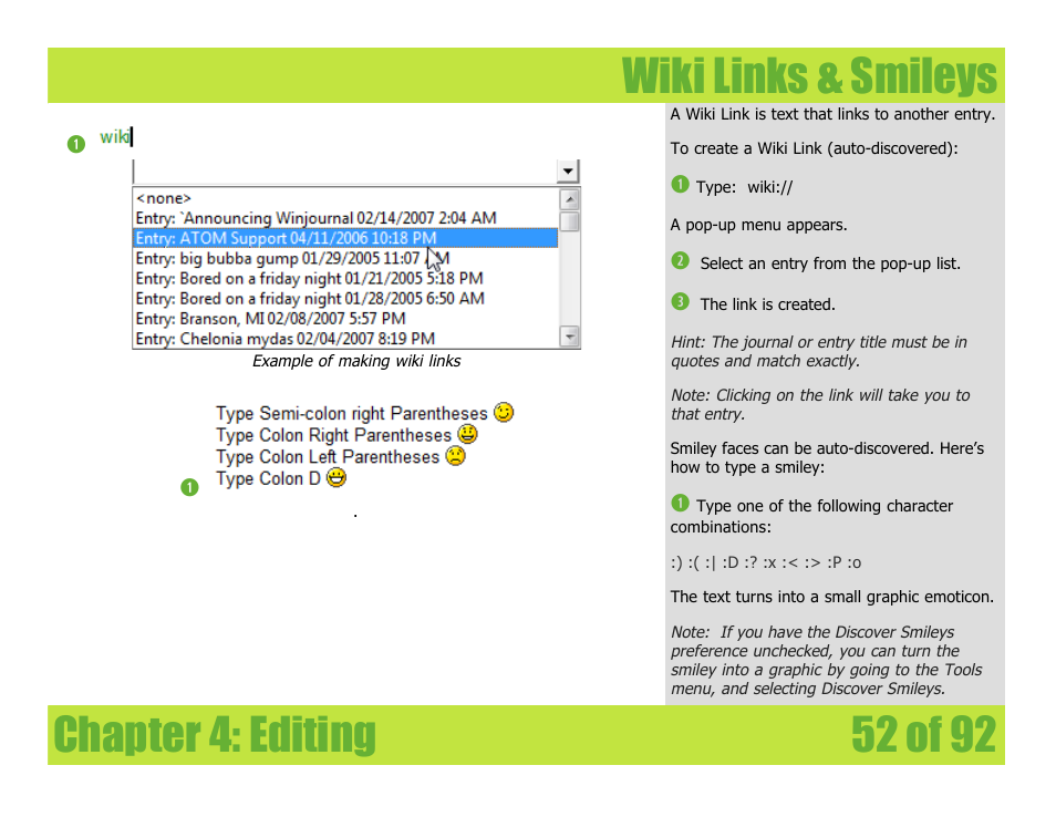 Wiki links & smileys, Chapter 4: editing wiki links & smileys | Mariner Software WinJournal for Windows User Manual | Page 52 / 92
