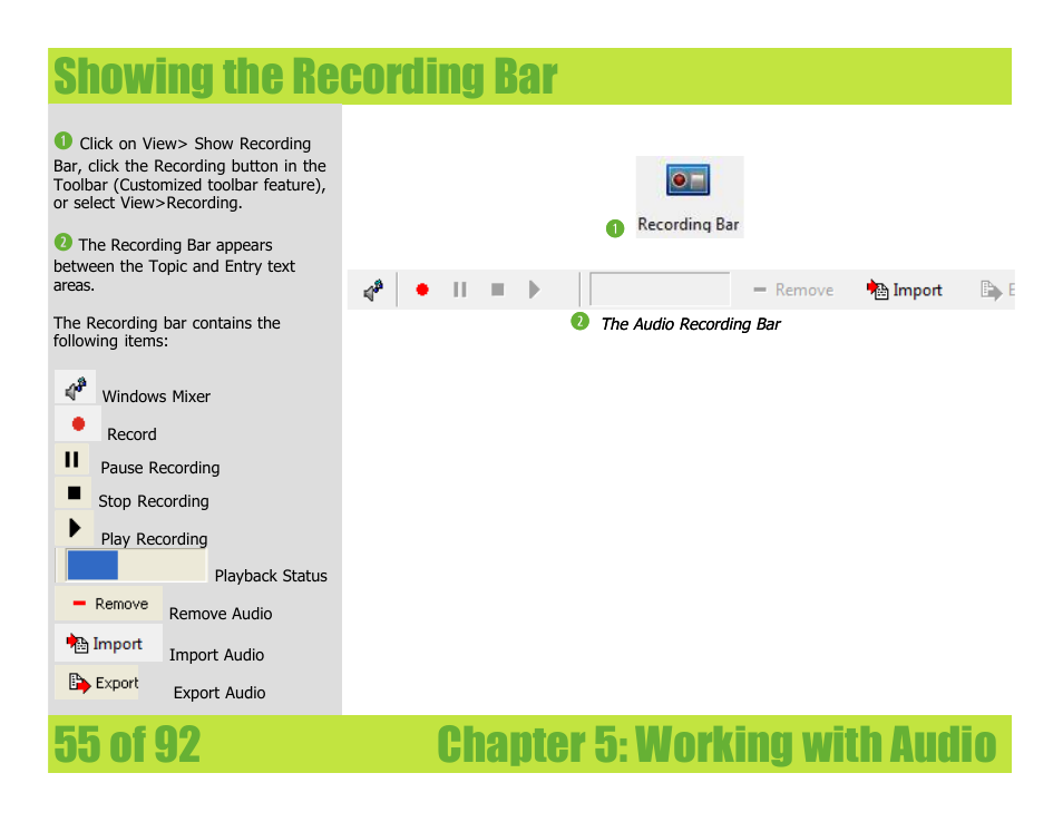 Showing the recording bar | Mariner Software WinJournal for Windows User Manual | Page 55 / 92