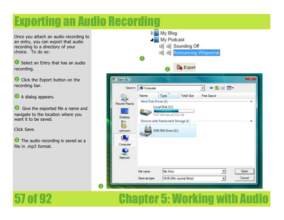 Exporting an audio recording | Mariner Software WinJournal for Windows User Manual | Page 57 / 92