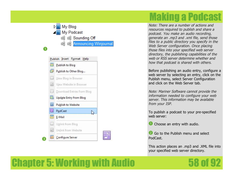 Making a podcast, Chapter 5: working with audio making a podcast | Mariner Software WinJournal for Windows User Manual | Page 58 / 92