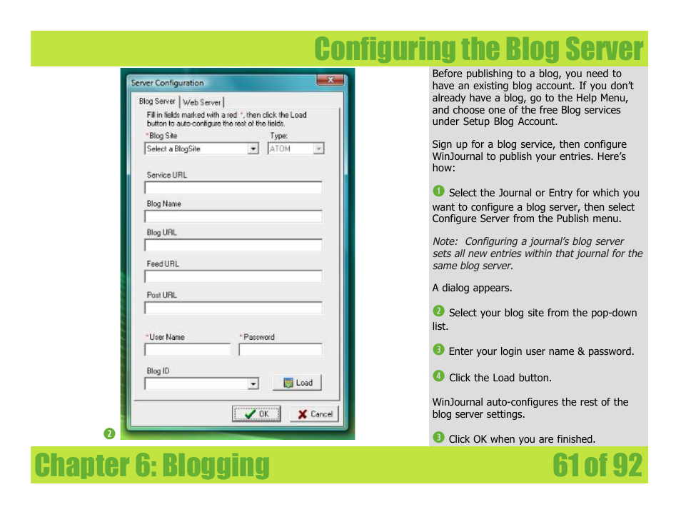 Configuring the blog server, Chapter 6: blogging configuring the blog server | Mariner Software WinJournal for Windows User Manual | Page 61 / 92