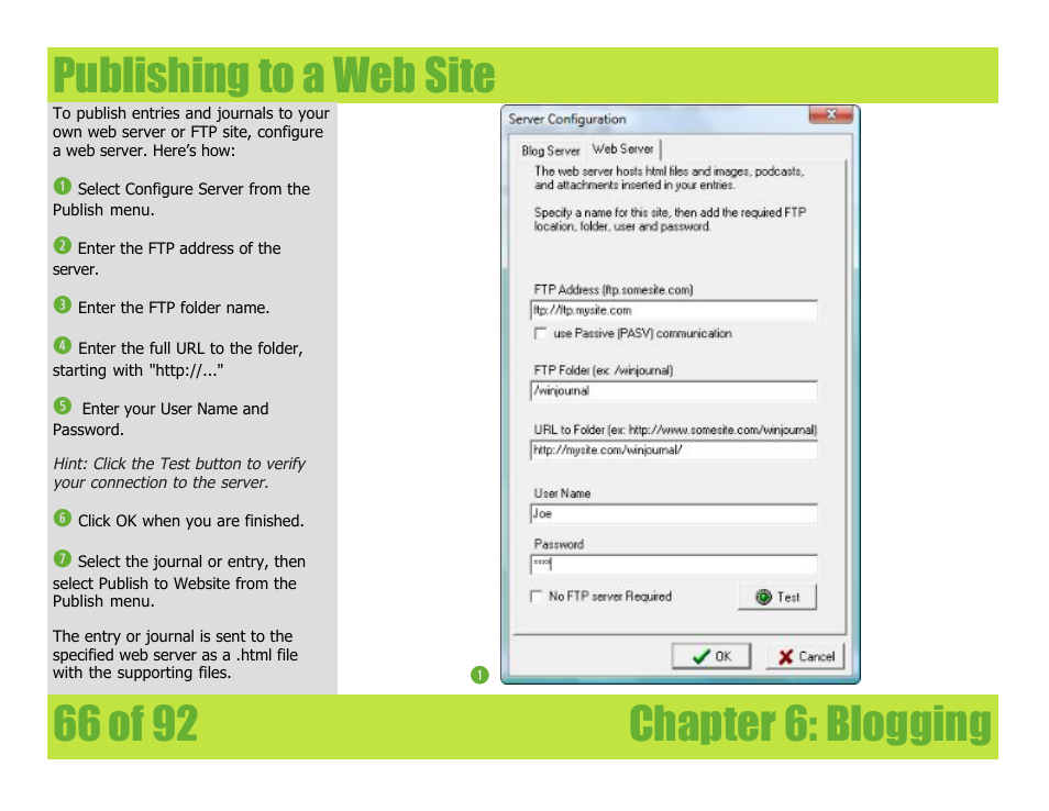 Publishing to a web site, Chapter 6: blogging publishing to a web site | Mariner Software WinJournal for Windows User Manual | Page 66 / 92