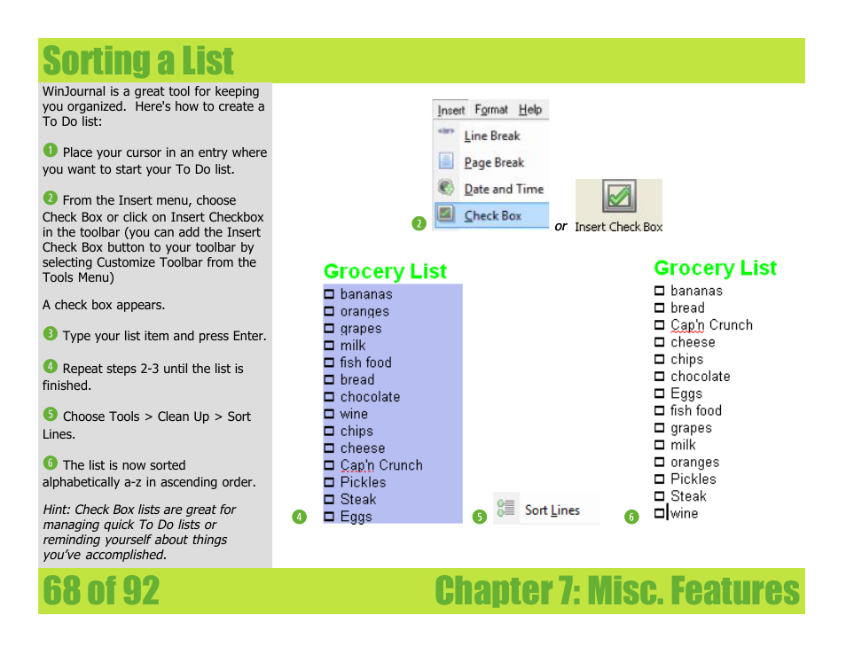 Sorting a list, Chapter 7: misc. features sorting a list | Mariner Software WinJournal for Windows User Manual | Page 68 / 92