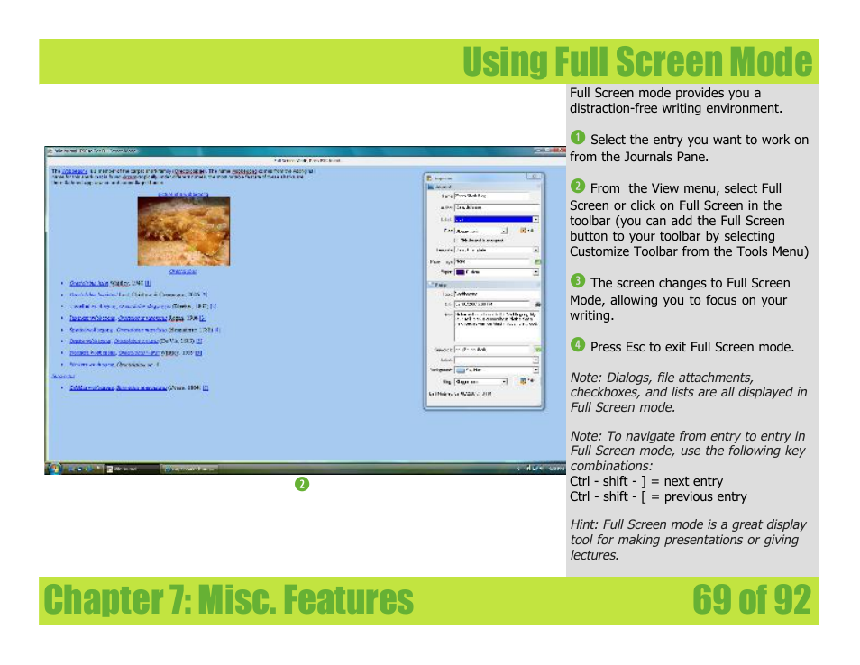 Using full screen mode, Chapter 7: misc. features | Mariner Software WinJournal for Windows User Manual | Page 69 / 92