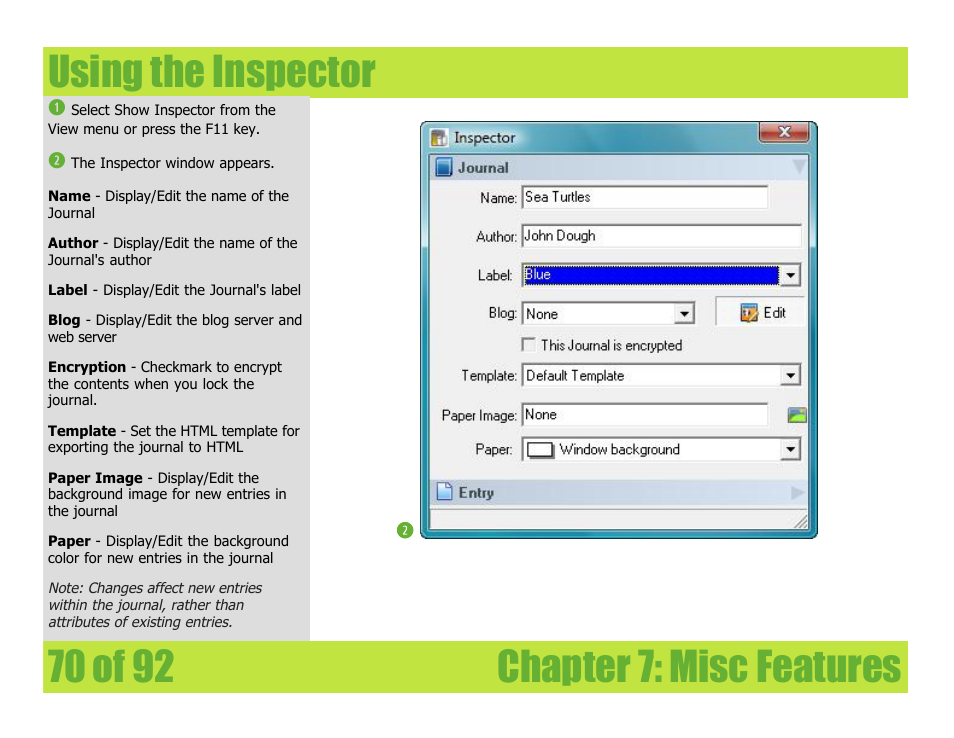 Using the inspector, Chapter 7: misc features using the inspector | Mariner Software WinJournal for Windows User Manual | Page 70 / 92