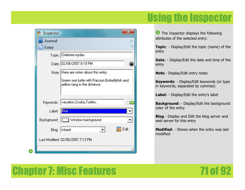 Using the inspector, Chapter 7: misc features using the inspector | Mariner Software WinJournal for Windows User Manual | Page 71 / 92