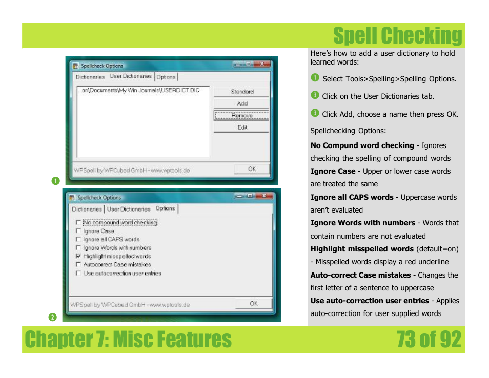 Spell checking, Chapter 7: misc features spell checking | Mariner Software WinJournal for Windows User Manual | Page 73 / 92