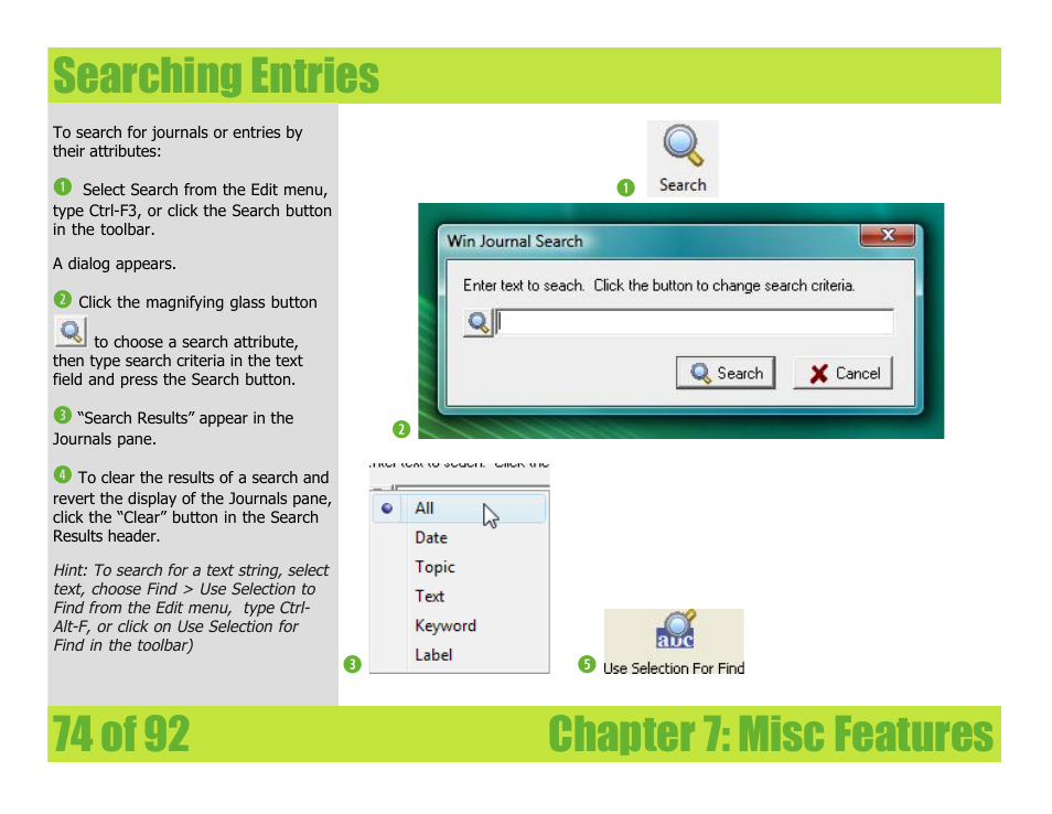 Searching entries | Mariner Software WinJournal for Windows User Manual | Page 74 / 92