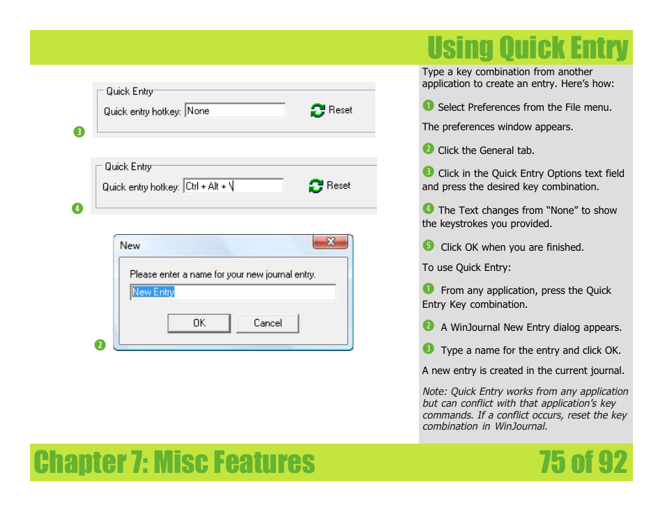 Using quick entry, Chapter 7: misc features using quick entry | Mariner Software WinJournal for Windows User Manual | Page 75 / 92