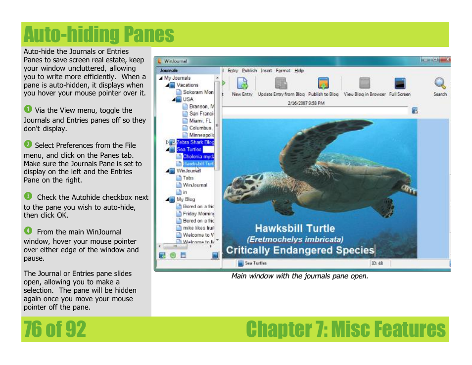 Auto-hiding panes, Chapter 7: misc features auto-hiding panes | Mariner Software WinJournal for Windows User Manual | Page 76 / 92