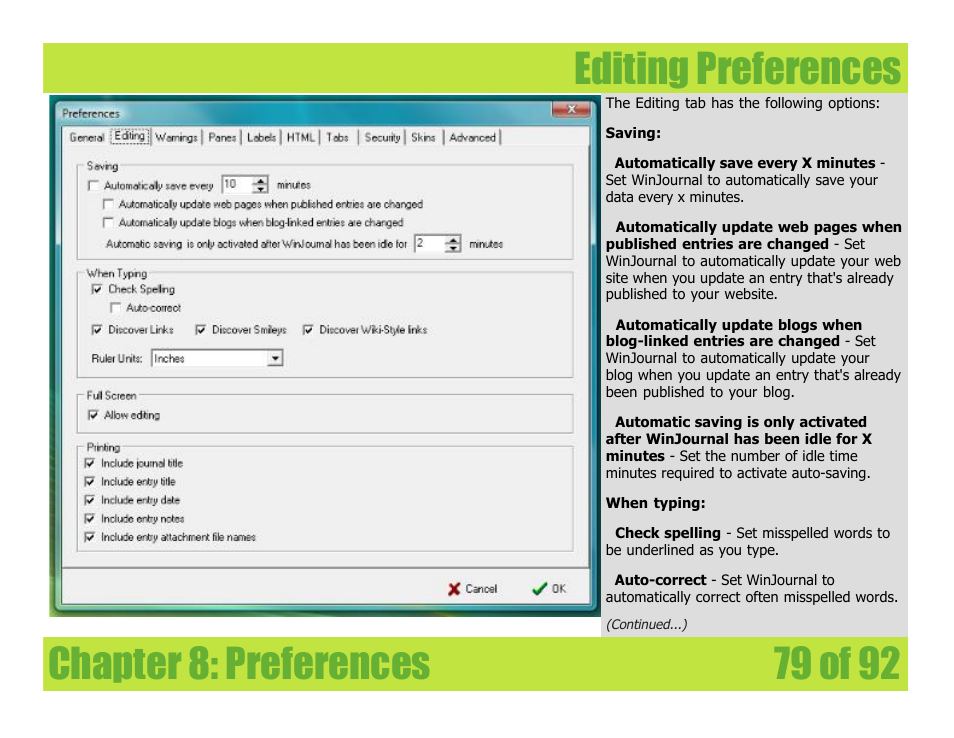 Editing preferences, Chapter 8: preferences editing preferences | Mariner Software WinJournal for Windows User Manual | Page 79 / 92