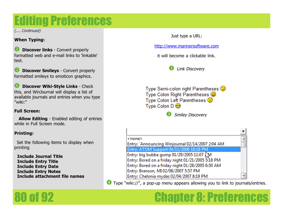 Editing preferences | Mariner Software WinJournal for Windows User Manual | Page 80 / 92