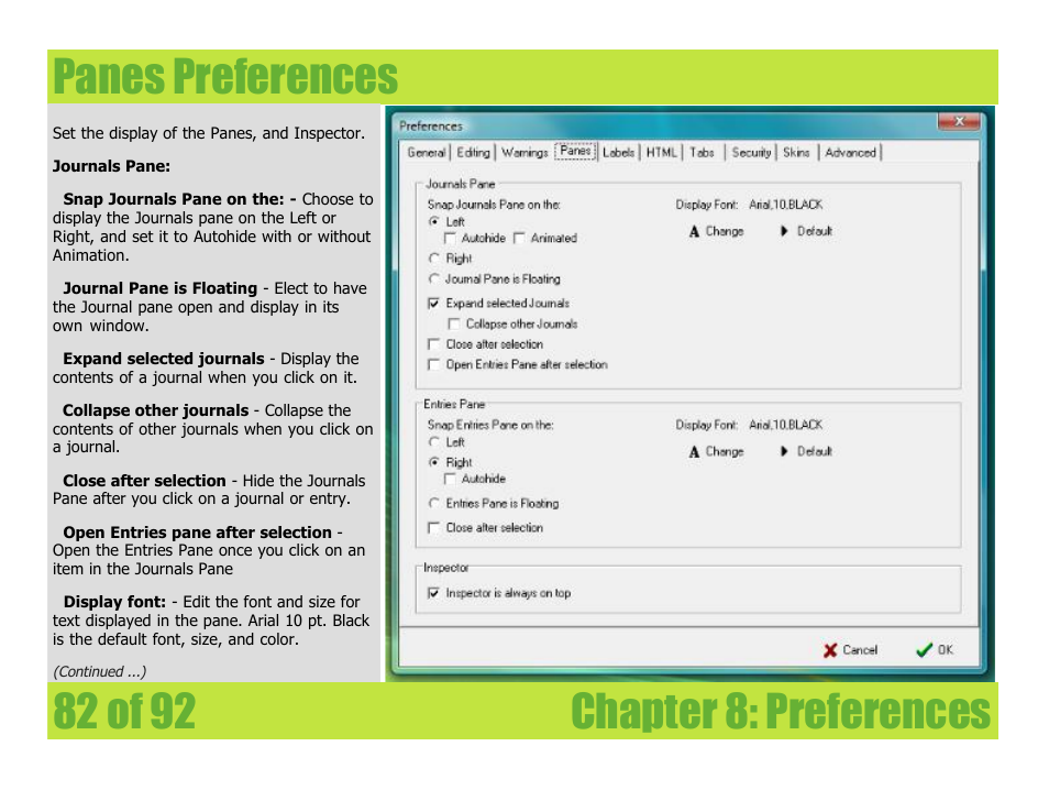 Panes preferences, Chapter 8: preferences panes preferences | Mariner Software WinJournal for Windows User Manual | Page 82 / 92