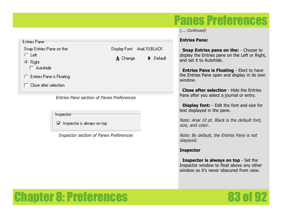 Panes preferences, Chapter 8: preferences panes preferences | Mariner Software WinJournal for Windows User Manual | Page 83 / 92