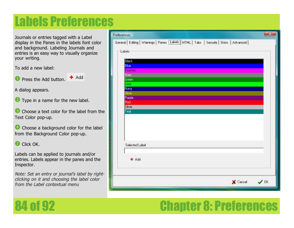 Labels preferences, Chapter 8: preferences labels preferences | Mariner Software WinJournal for Windows User Manual | Page 84 / 92