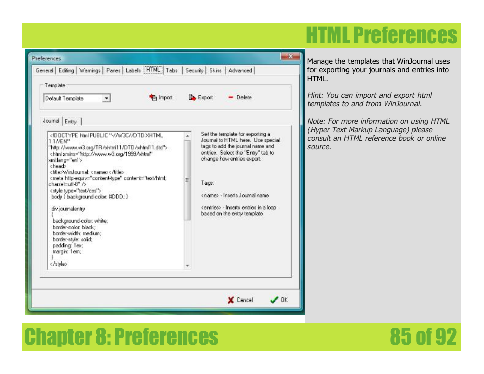 Html preferences, Chapter 8: preferences | Mariner Software WinJournal for Windows User Manual | Page 85 / 92