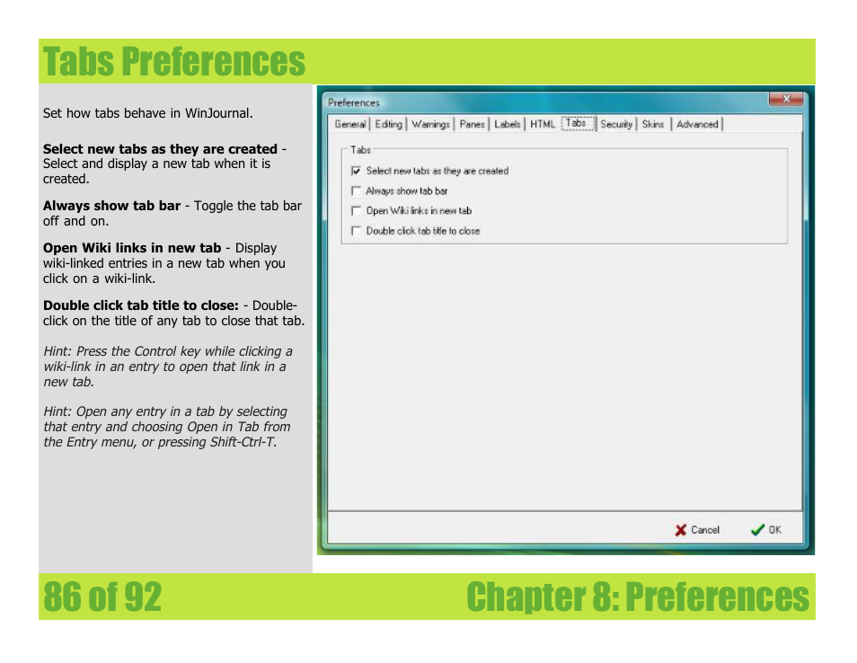 Tabs preferences, Chapter 8: preferences tabs preferences | Mariner Software WinJournal for Windows User Manual | Page 86 / 92