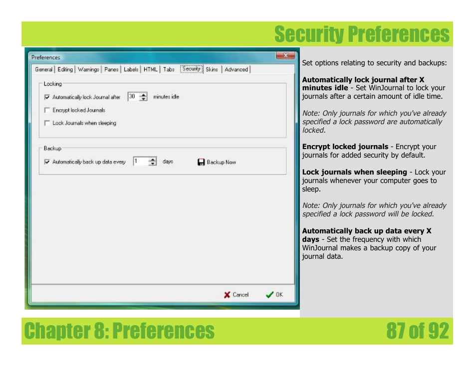 Security preferences, Chapter 8: preferences security preferences | Mariner Software WinJournal for Windows User Manual | Page 87 / 92