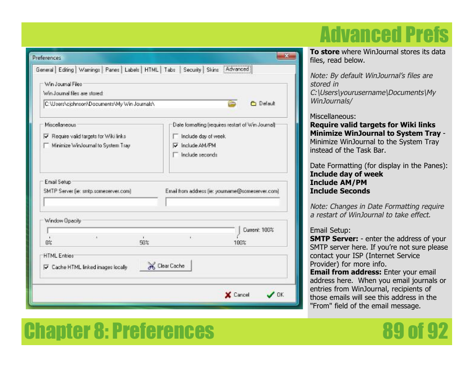 Advanced prefs, Chapter 8: preferences advanced prefs | Mariner Software WinJournal for Windows User Manual | Page 89 / 92