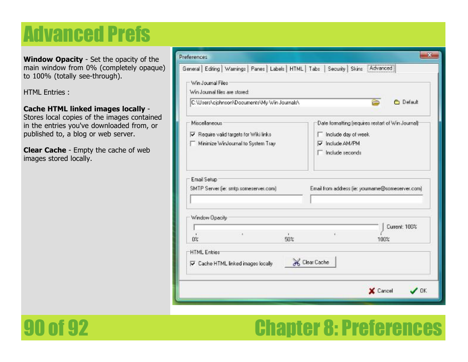 Advanced prefs, Chapter 8: preferences advanced prefs | Mariner Software WinJournal for Windows User Manual | Page 90 / 92