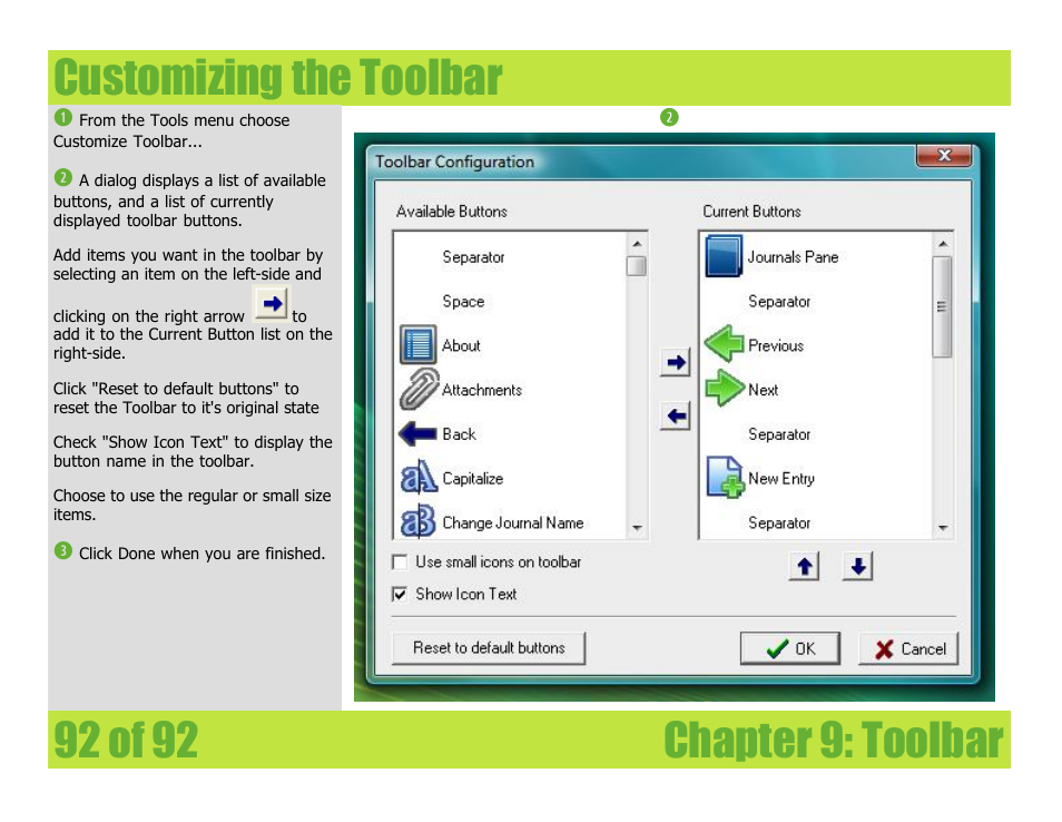 Customizing the toolbar, Chapter 9: toolbar customizing the toolbar | Mariner Software WinJournal for Windows User Manual | Page 92 / 92