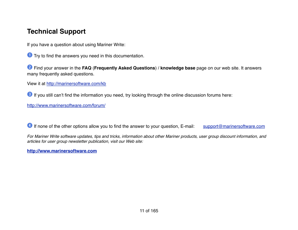 Technical support | Mariner Software Mariner Write for Mac User Manual | Page 11 / 165
