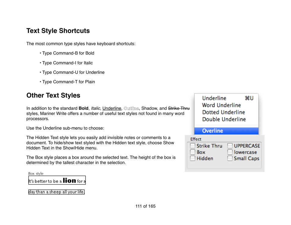 Text style shortcuts, Other text styles | Mariner Software Mariner Write for Mac User Manual | Page 111 / 165