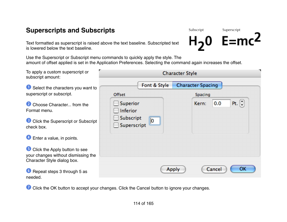 Superscripts and subscripts | Mariner Software Mariner Write for Mac User Manual | Page 114 / 165
