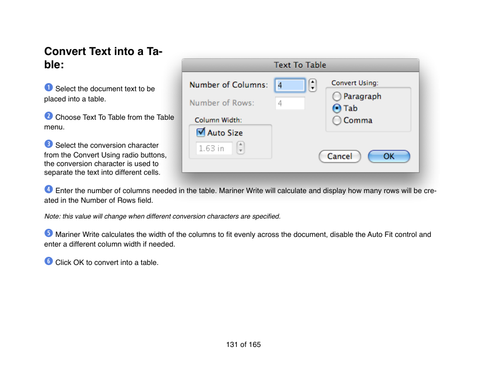 Convert text into a ta- ble:! 1 | Mariner Software Mariner Write for Mac User Manual | Page 131 / 165