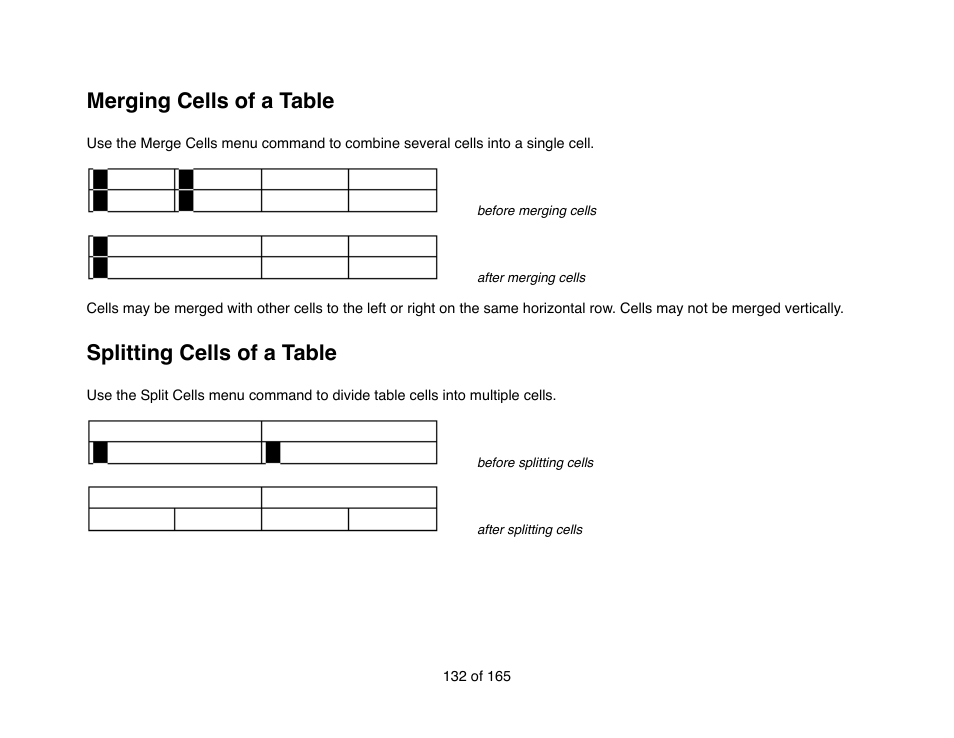 Merging cells of a table, Splitting cells of a table | Mariner Software Mariner Write for Mac User Manual | Page 132 / 165