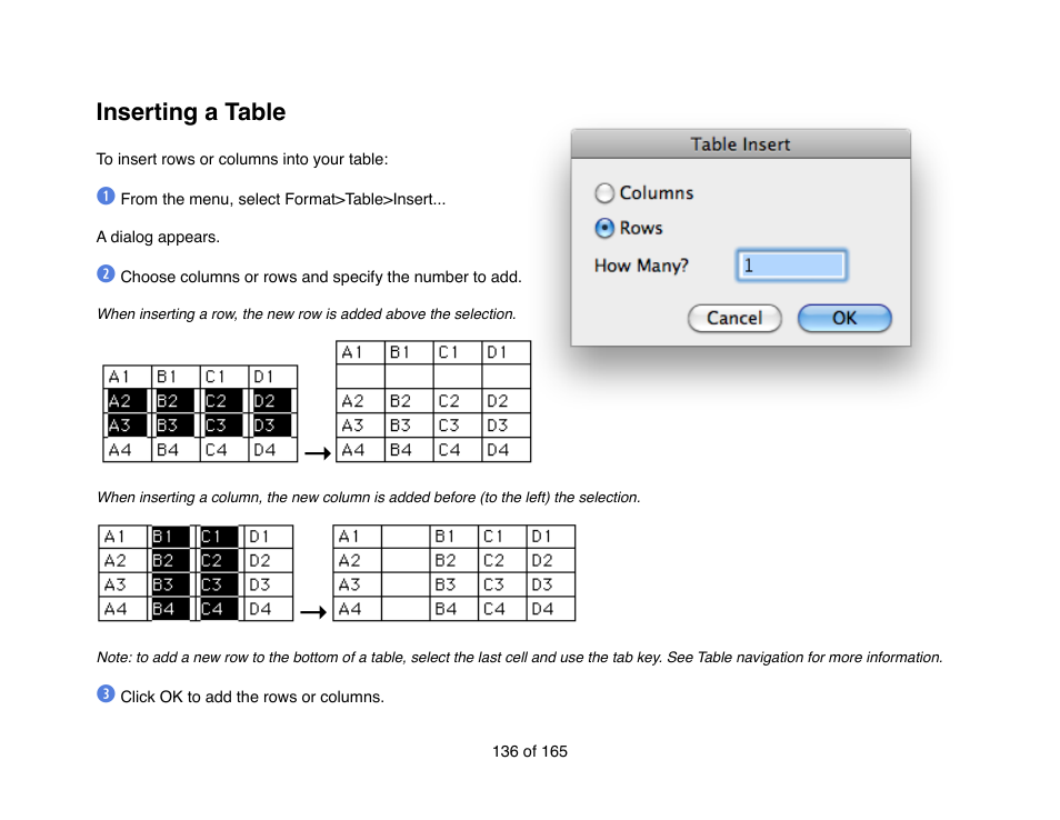 Inserting a table | Mariner Software Mariner Write for Mac User Manual | Page 136 / 165