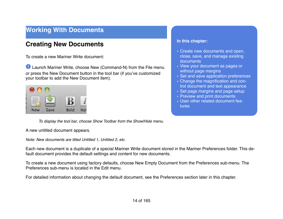 Working with documents! creating new documents | Mariner Software Mariner Write for Mac User Manual | Page 14 / 165