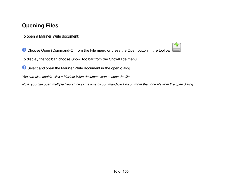 Opening files | Mariner Software Mariner Write for Mac User Manual | Page 16 / 165