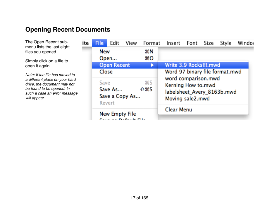 Opening recent documents | Mariner Software Mariner Write for Mac User Manual | Page 17 / 165