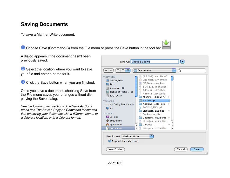 Saving documents | Mariner Software Mariner Write for Mac User Manual | Page 22 / 165