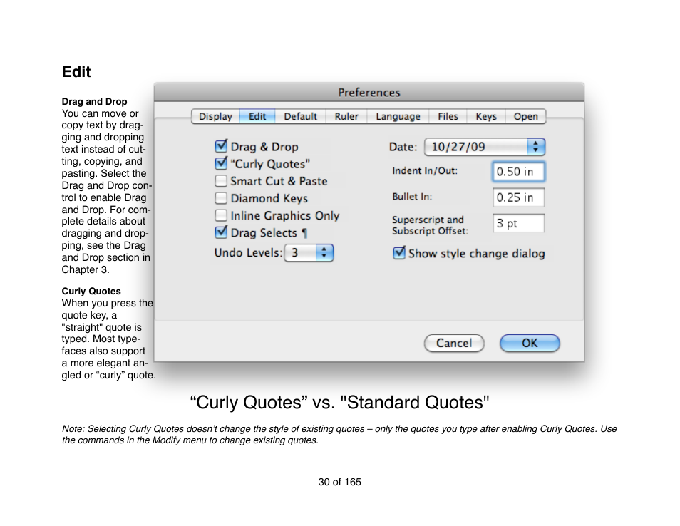 Curly quotes” vs. "standard quotes, Edit | Mariner Software Mariner Write for Mac User Manual | Page 30 / 165