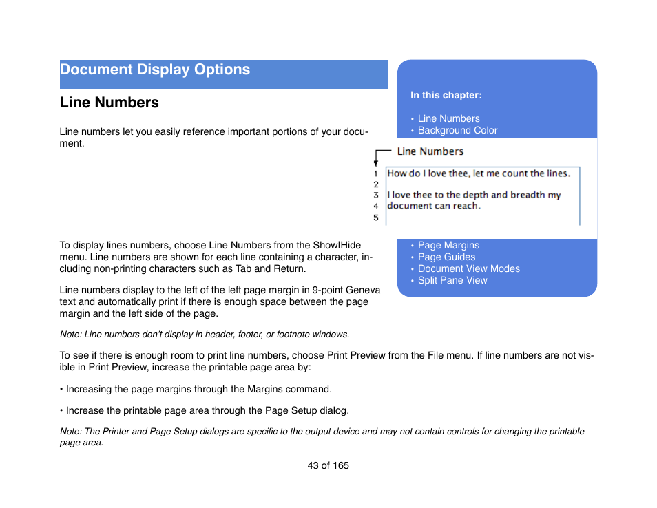 Document display options! line numbers | Mariner Software Mariner Write for Mac User Manual | Page 43 / 165