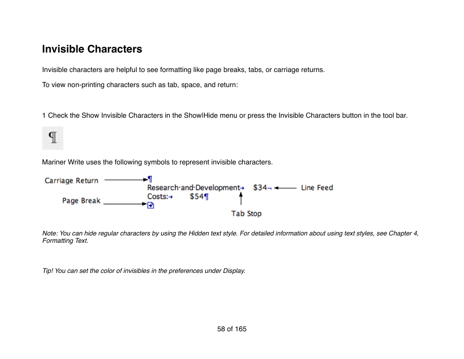 Invisible characters | Mariner Software Mariner Write for Mac User Manual | Page 58 / 165
