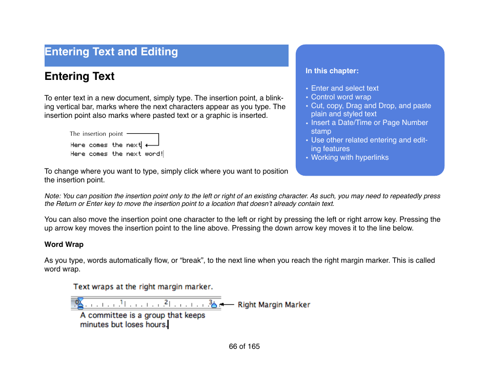 Entering text and editing! entering text | Mariner Software Mariner Write for Mac User Manual | Page 66 / 165