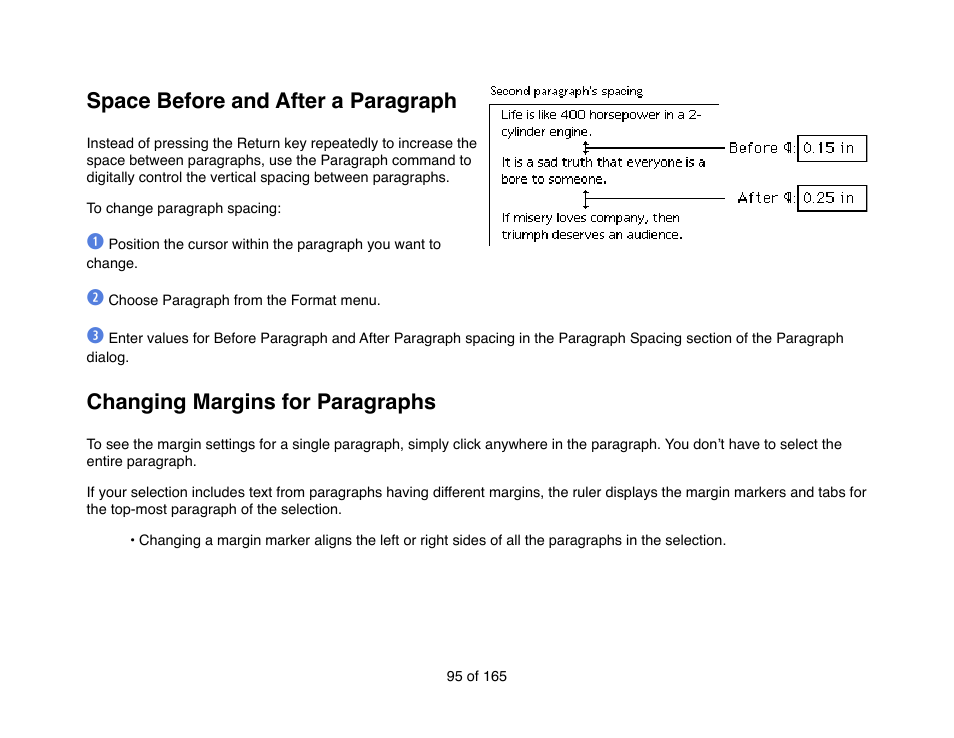 Space before and after a paragraph, Changing margins for paragraphs | Mariner Software Mariner Write for Mac User Manual | Page 95 / 165